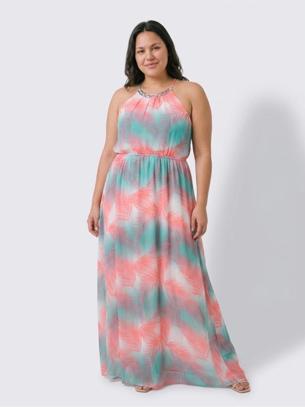 Plus Size Coral & Teal Halter Maxi Dress